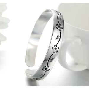 NEW 999 Silver Cherry Blossom Bangle Cuff Bracelet, Adjustable 60mm